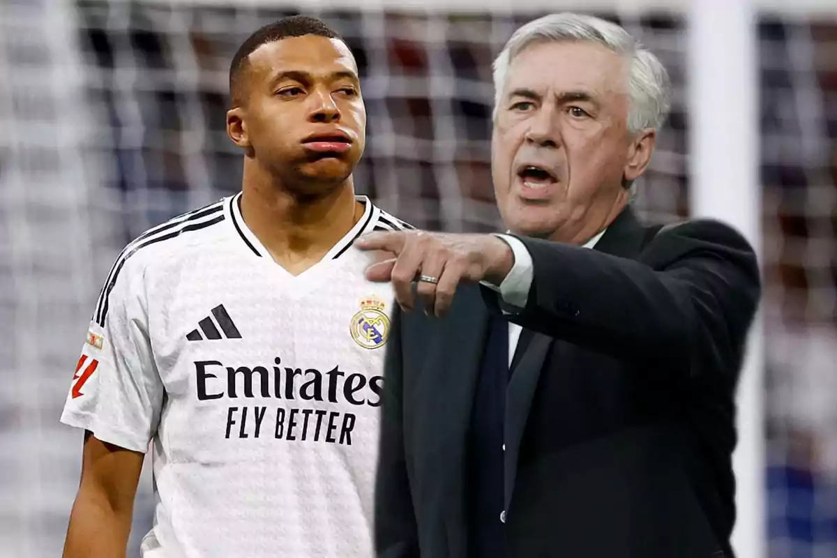 A soccer player wearing a Real Madrid jersey stands next to a man who appears to be giving instructions.