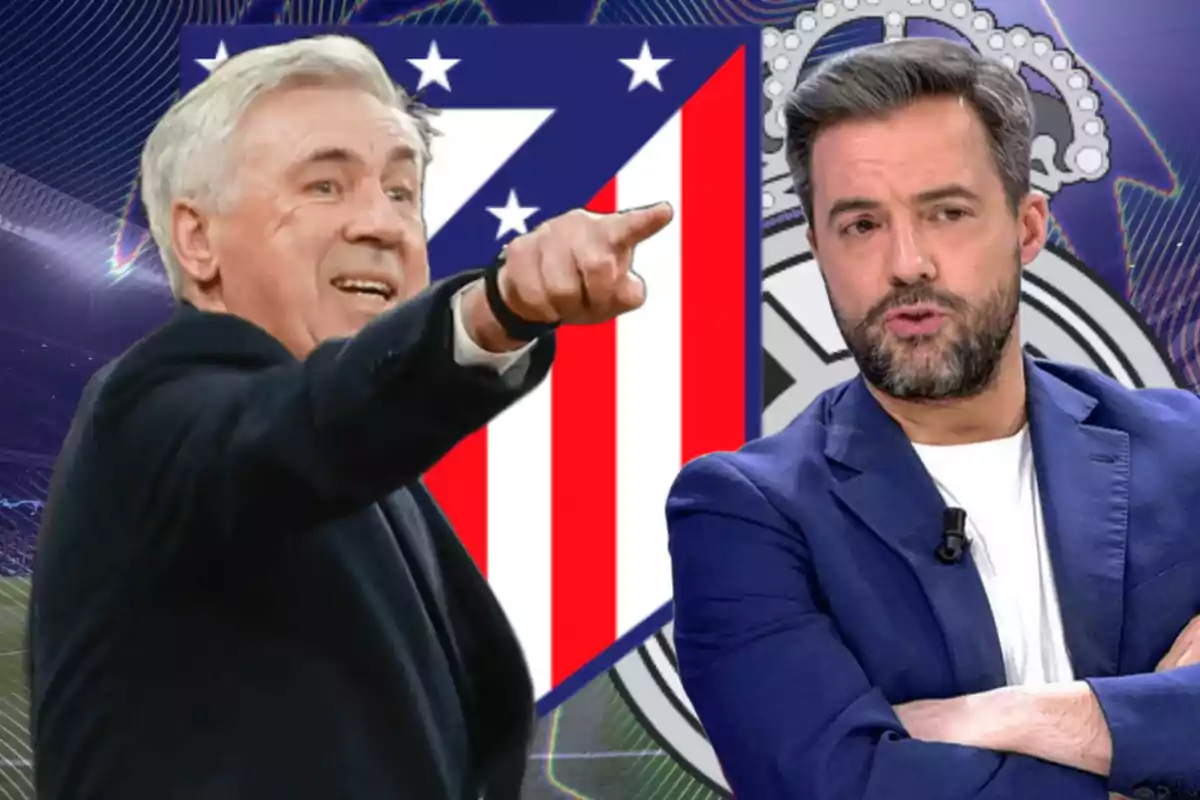 Dos hombres discutiendo frente a los escudos de dos equipos de fútbol.