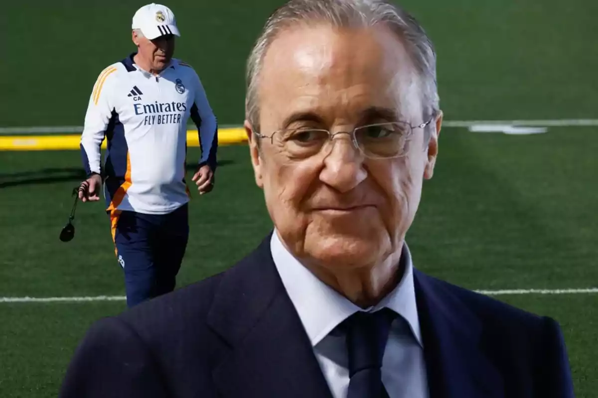 A man with glasses and a suit is in the foreground, while in the background there is a person in Real Madrid sportswear on a soccer field.