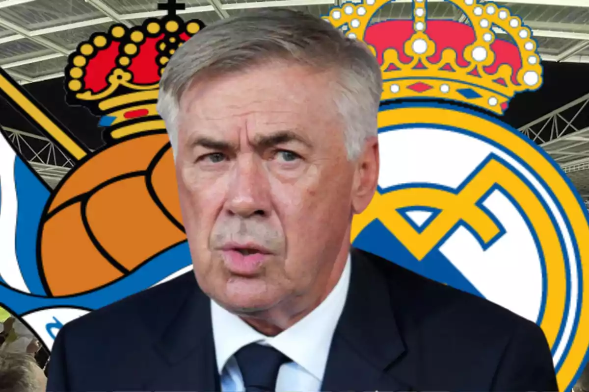 A gray-haired man in a dark suit appears in front of the crests of two soccer teams.