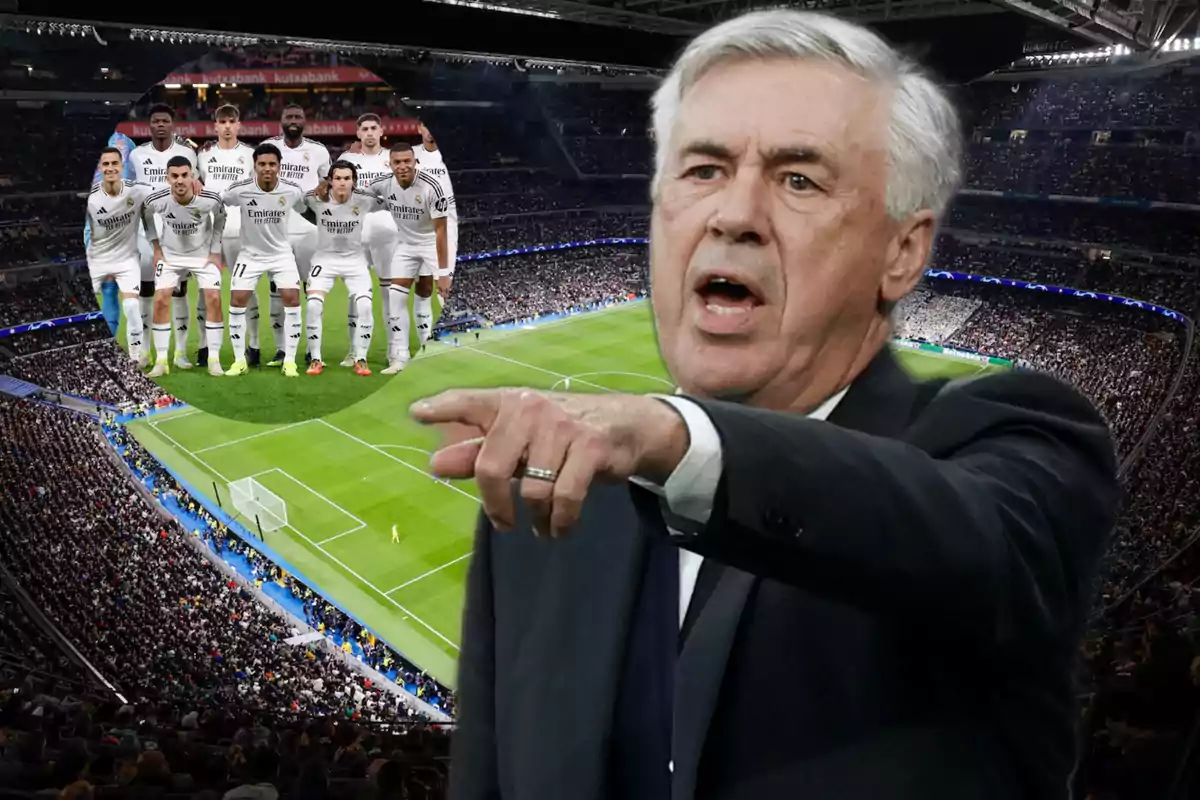 A soccer coach gestures in a packed stadium, while a team poses on the field.