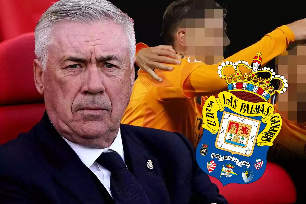 A grey-haired man with a serious expression in the foreground, behind him there are soccer players with orange jerseys and the UD Las Palmas crest.