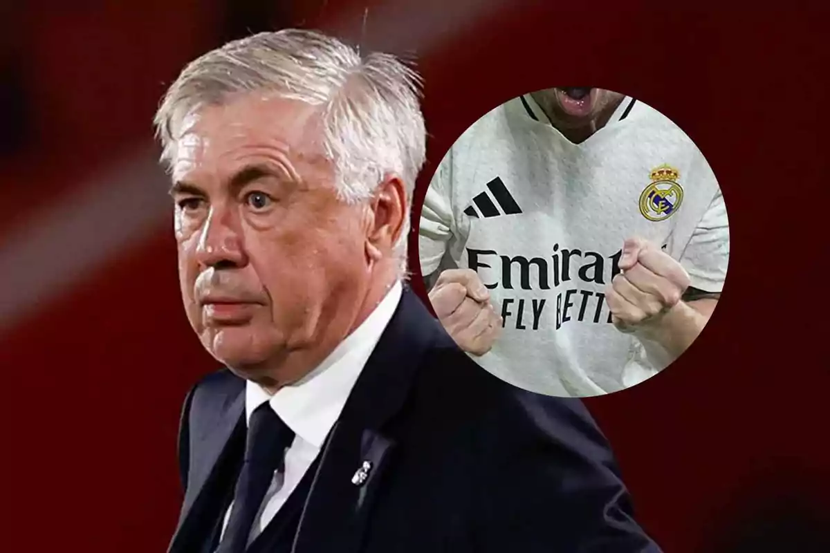 Un hombre de cabello canoso en traje oscuro con una imagen superpuesta de un jugador de fútbol celebrando con el uniforme del Real Madrid.