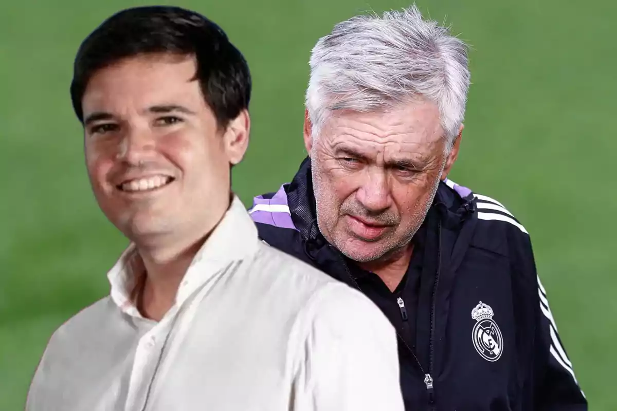 Dos hombres, uno con camisa blanca y otro con chaqueta deportiva del Real Madrid, posan frente a un fondo verde.