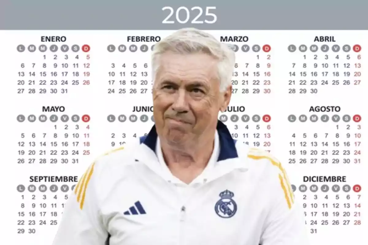 A man in a white sports jacket in front of a calendar for the year 2025.