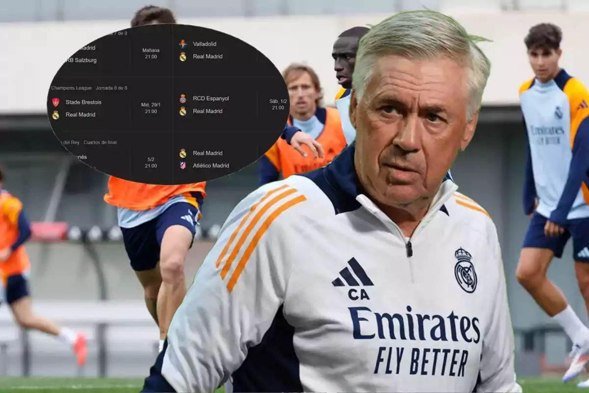 A Real Madrid coach at a training ground with players in the background and a graphic of the team's upcoming matches.