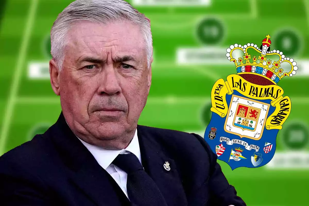 A gray-haired man with a serious expression stands in front of a green background with the UD Las Palmas soccer team crest.