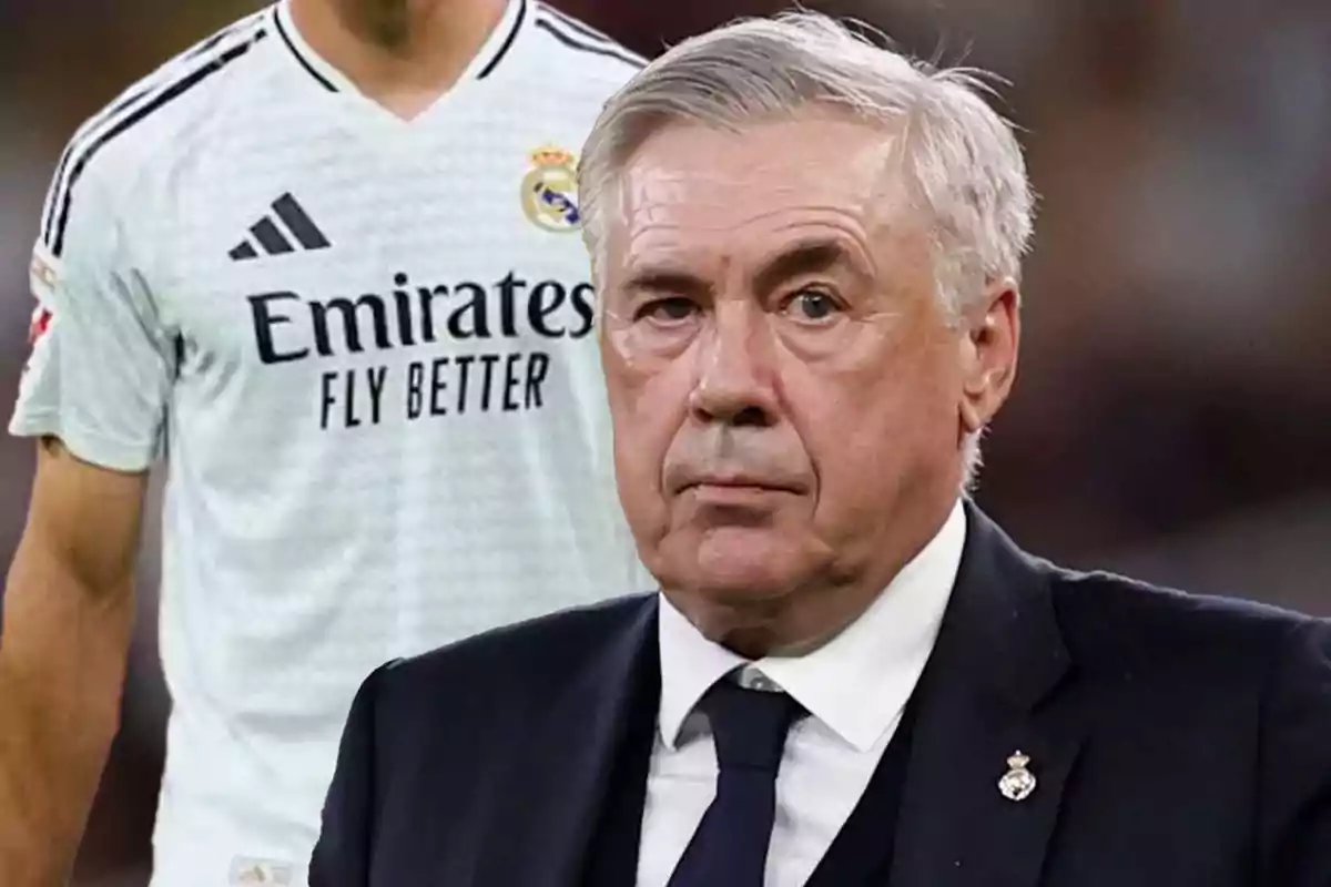 A man in a suit facing a player in a Real Madrid jersey.