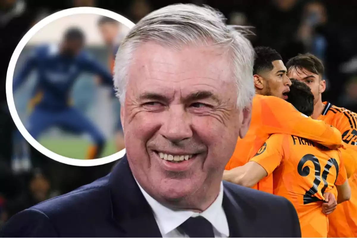 Un hombre sonriente en primer plano con un grupo de jugadores de fútbol celebrando en el fondo.