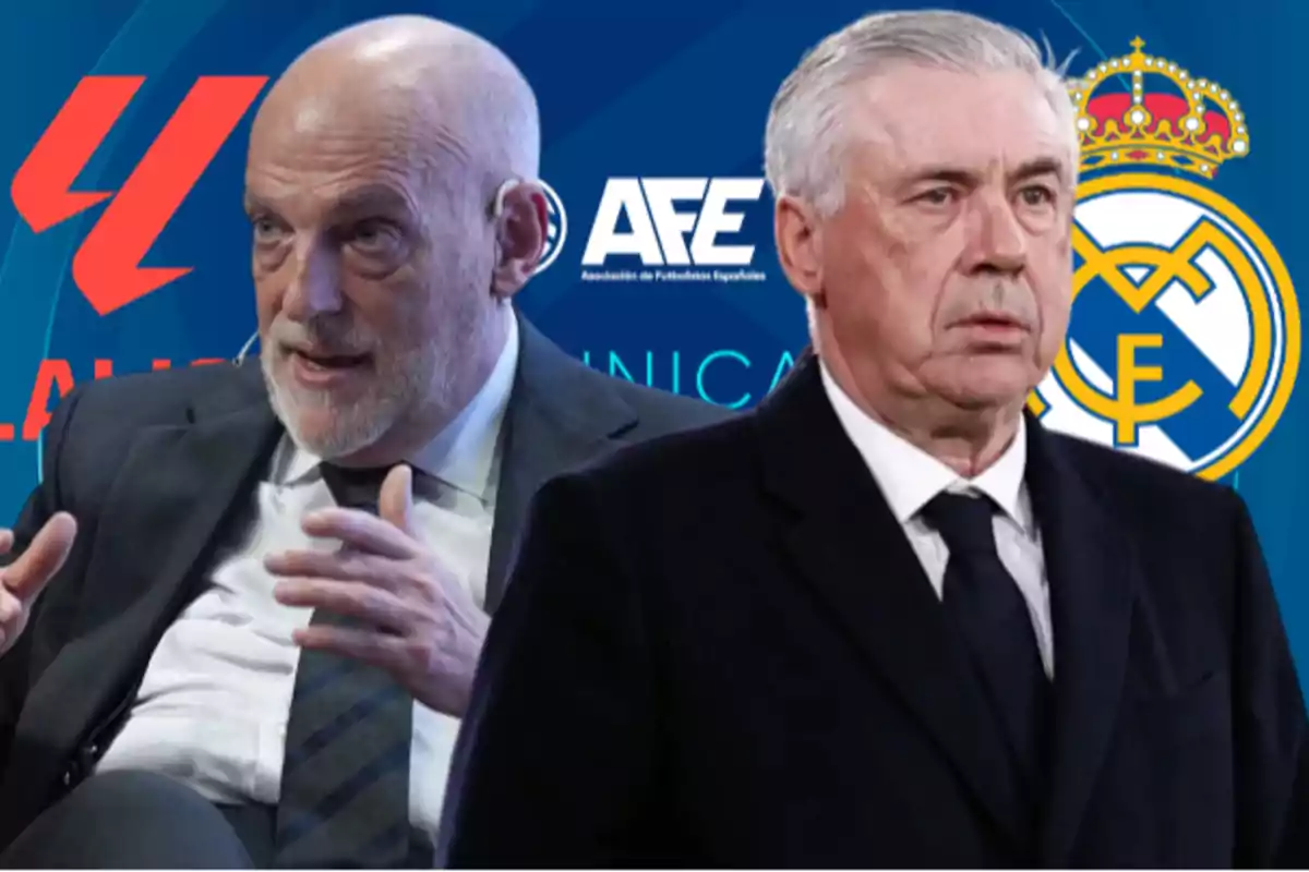 Two men in suits in front of a background with logos of La Liga, AFE, and Real Madrid.