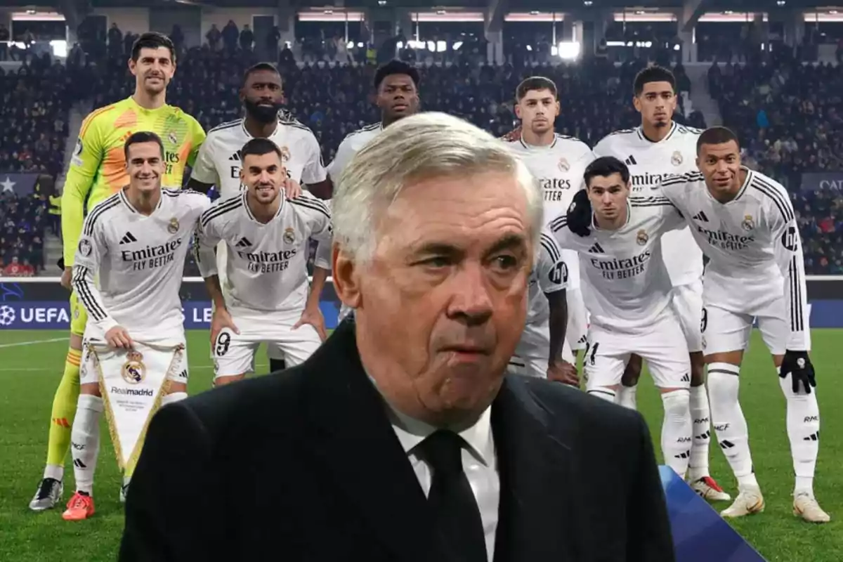 A group of soccer players with their coach on the field before an important match.