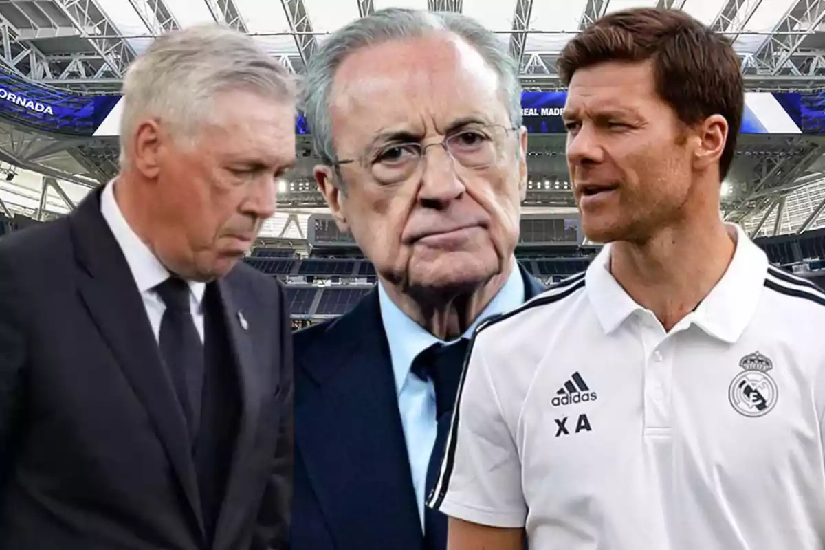 Three men connected to Real Madrid appear in a modern stadium: one in a dark suit, another with glasses and a serious expression, and the third in a white sports uniform.
