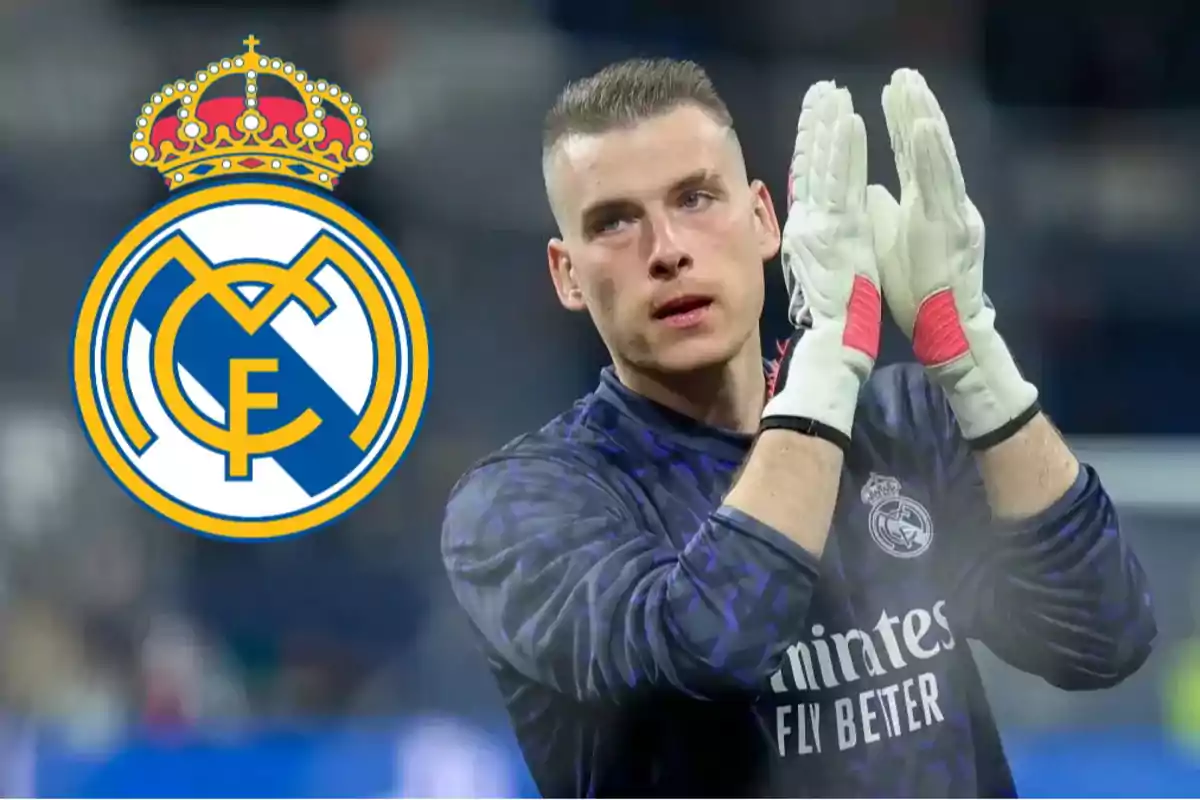 Real Madrid goalkeeper with gloves raised next to the team crest.