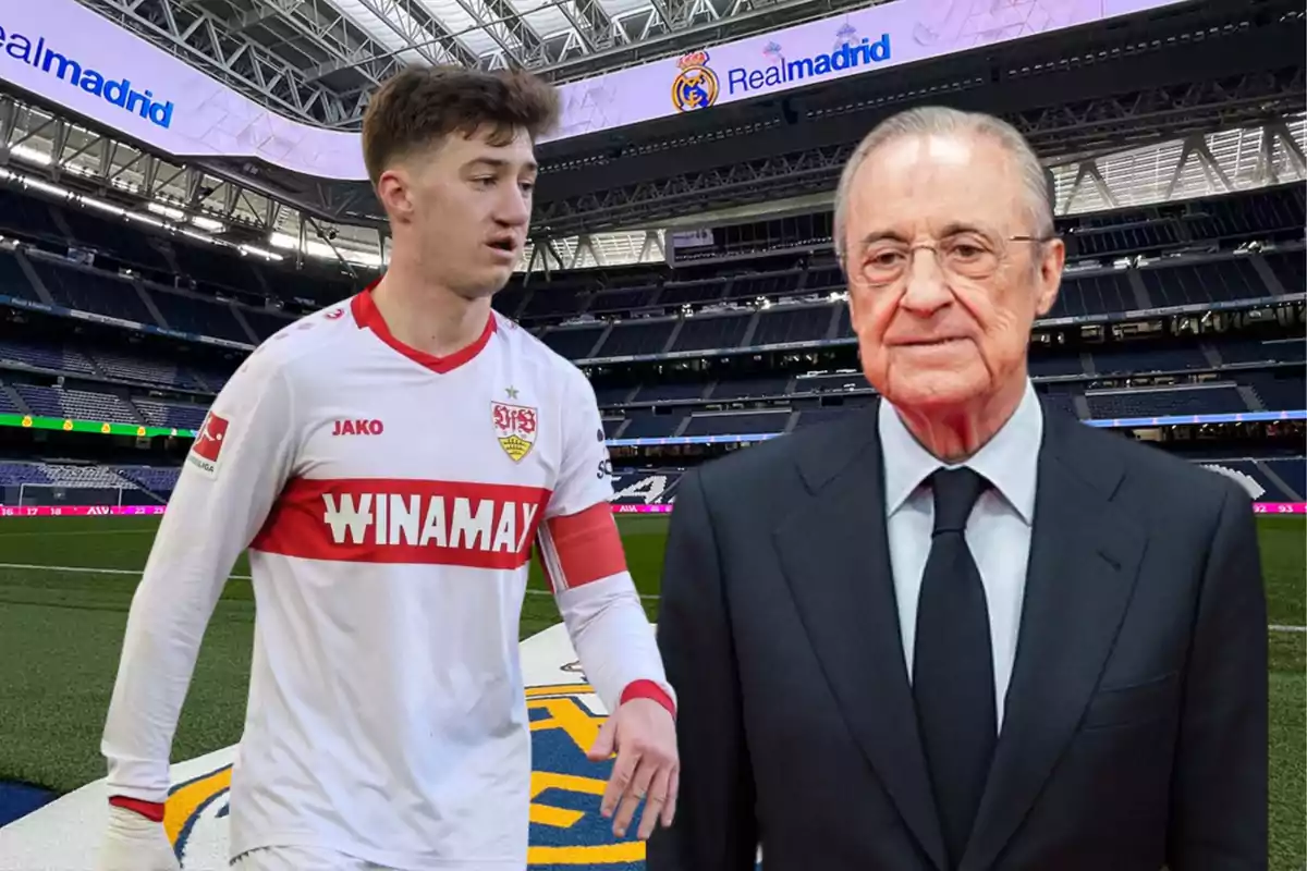 A player in a white and red uniform next to an older man in a suit at Real Madrid’s stadium