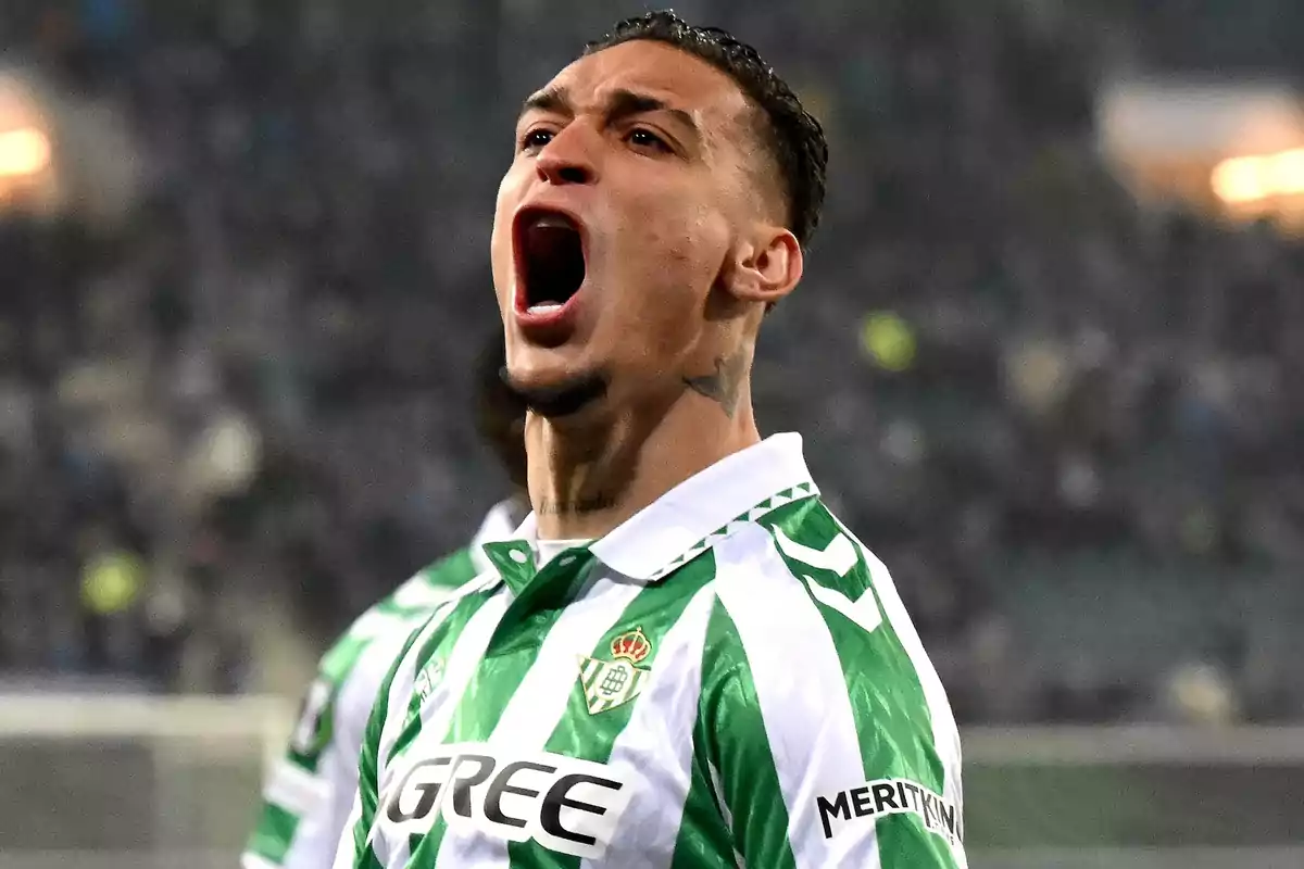 A player in a green and white uniform celebrates enthusiastically on the field.