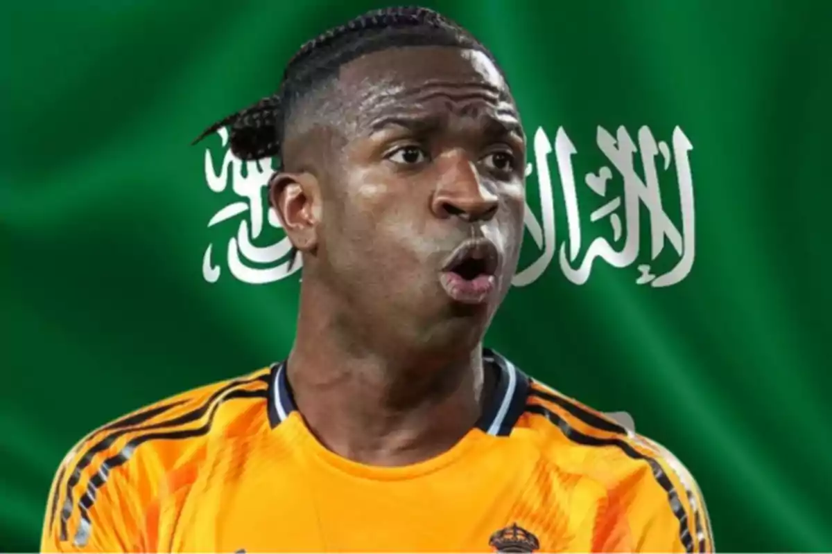 A soccer player in a yellow jersey appears in front of a green flag with Arabic writing.