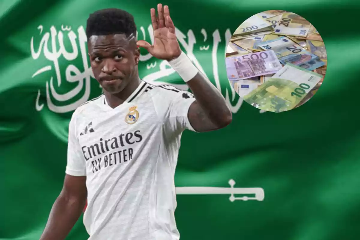 A football player wearing a Real Madrid jersey waves in front of a green flag with Arabic writing and a superimposed image of euro banknotes.