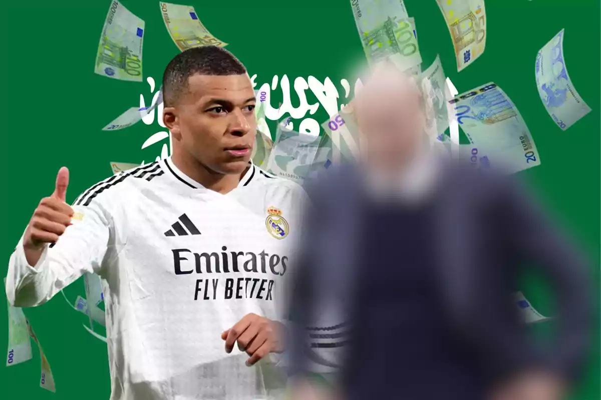Futbolista con uniforme blanco del Real Madrid haciendo señal de pulgar arriba con billetes de euro flotando y fondo verde