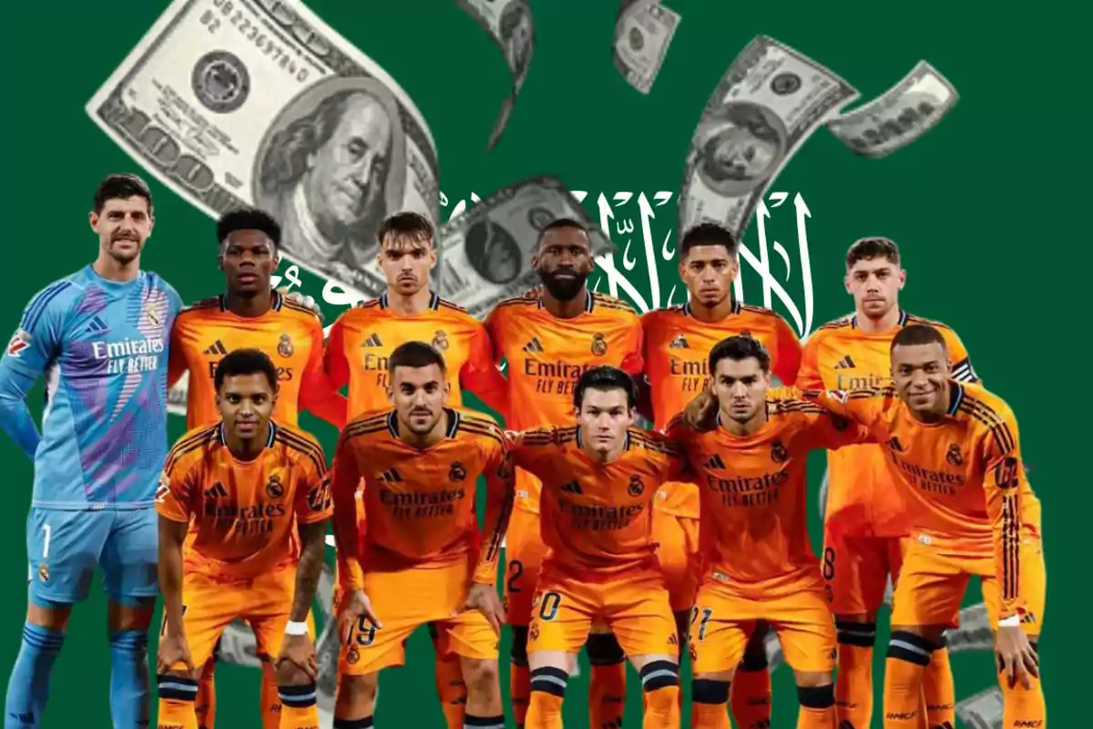 Jugadores de fútbol con uniforme naranja posan frente a un fondo verde con billetes de dólar flotando.