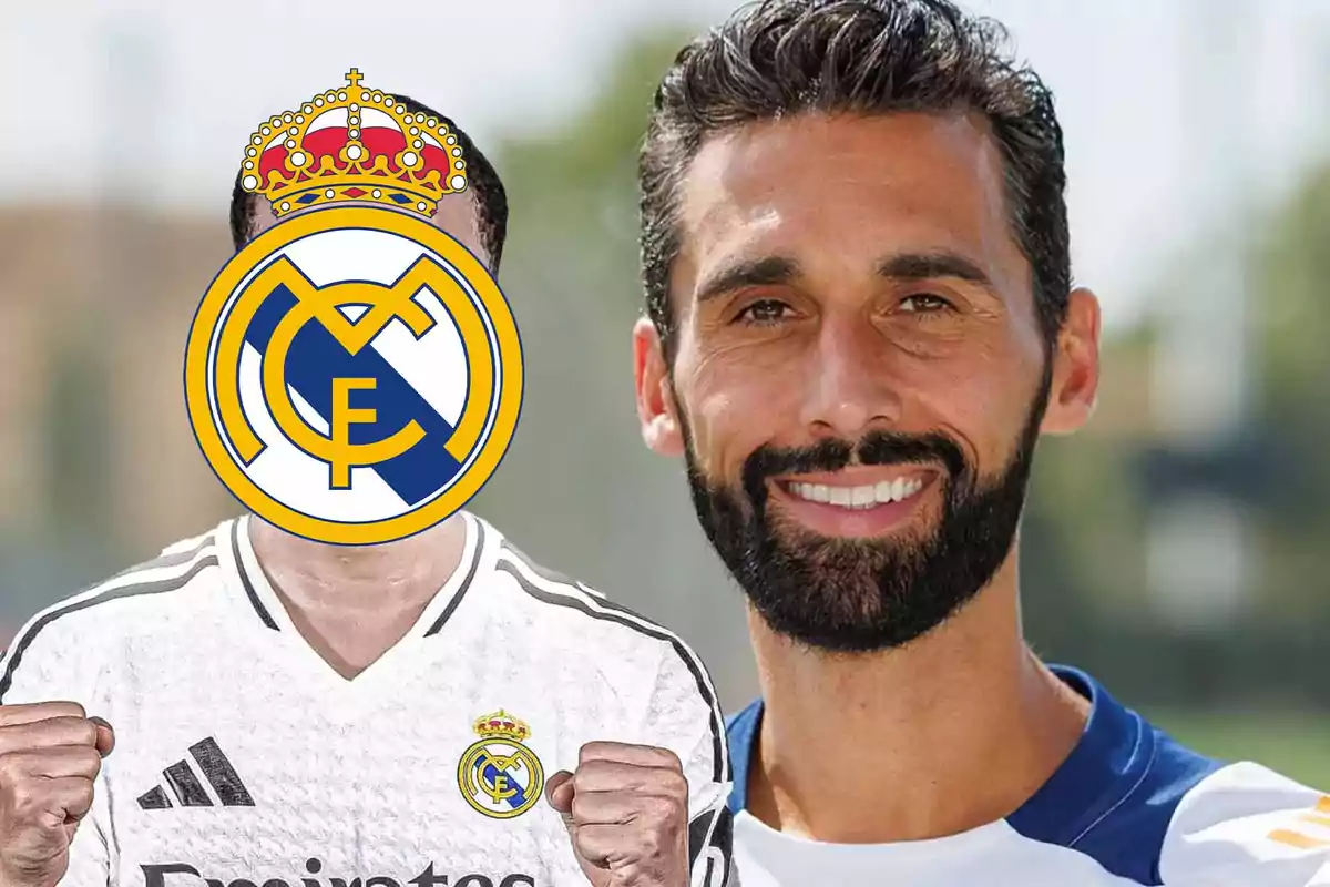 Dos personas, una con el rostro cubierto por el escudo del Real Madrid y la otra sonriendo, ambas con ropa deportiva