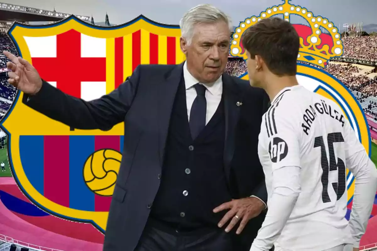 A man in a suit talking to a player in a stadium with the FC Barcelona and Real Madrid crests in the background.