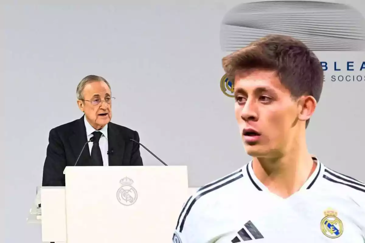 Un hombre en traje habla en un podio con el escudo del Real Madrid mientras un jugador de fútbol con la camiseta del equipo aparece en primer plano.