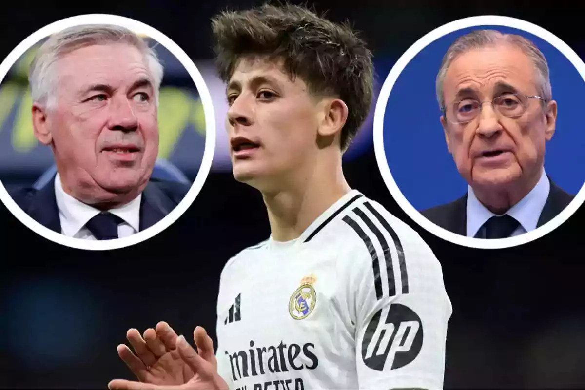 A player from Real Madrid in the center with two men in circles around him.