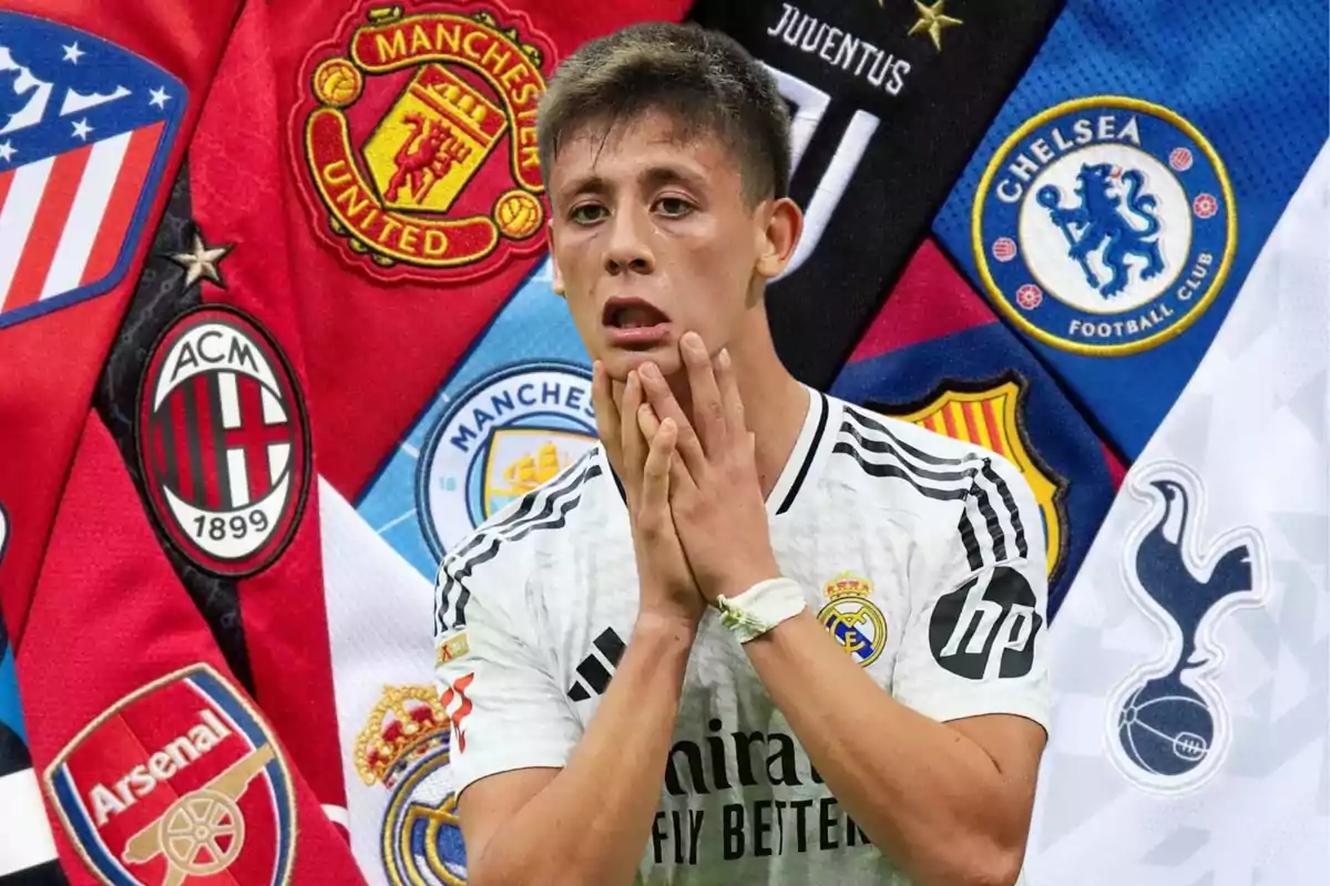 A player wearing a Real Madrid jersey appears in the foreground with his hands on his face, while in the background the logos of several European clubs can be seen.