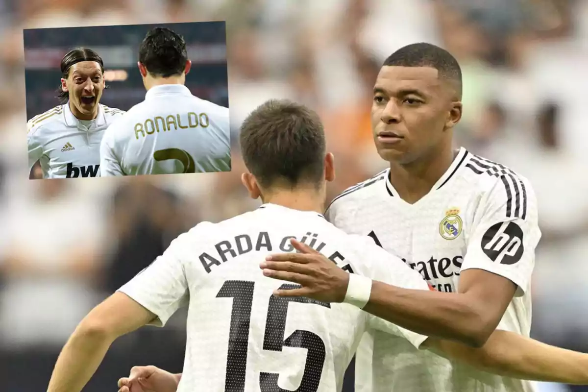 Real Madrid players in white jerseys, one with the name "ARDA GÜLER" and another with the name "RONALDO" in a superimposed image.