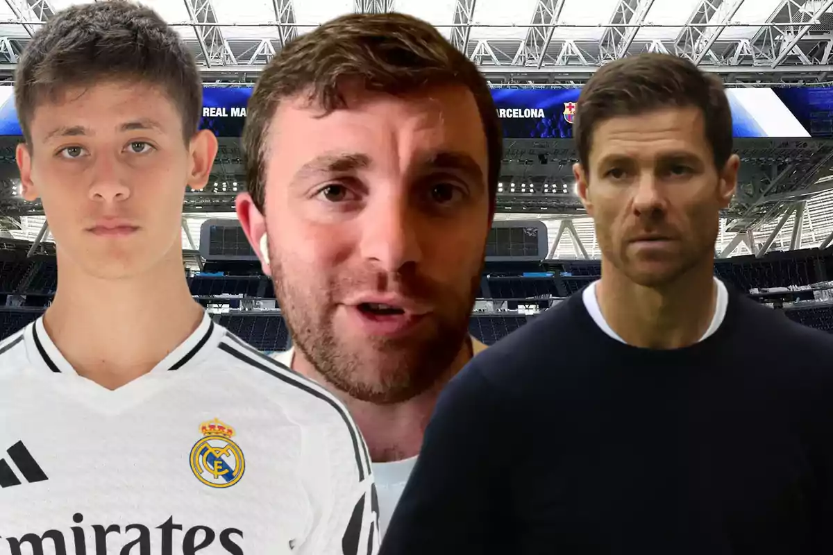Three men in a soccer stadium, one wearing a Real Madrid jersey.