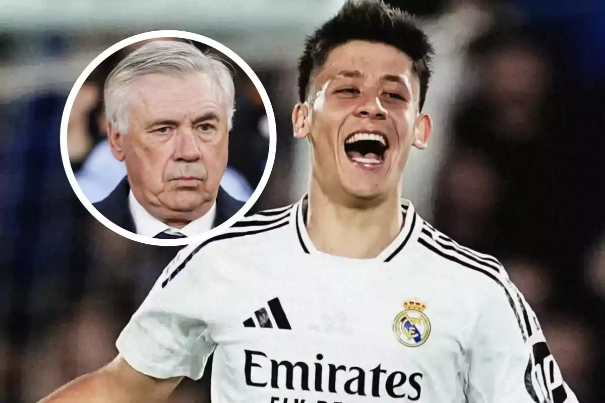 A player from Real Madrid smiles broadly while an inset shows an older man with a serious expression.