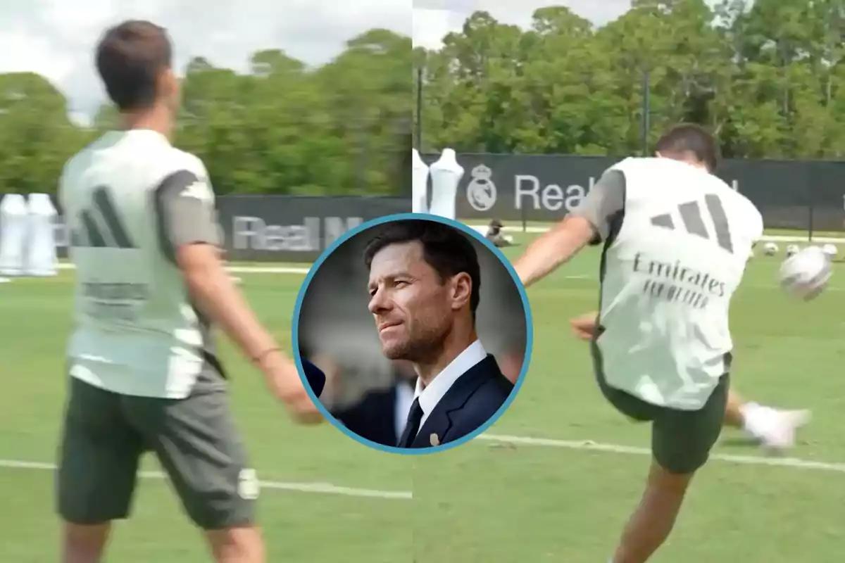 A player training on a field with the Real Madrid logo in the background and a portrait of a man in a suit inside a blue circle overlaid in the center of the image.