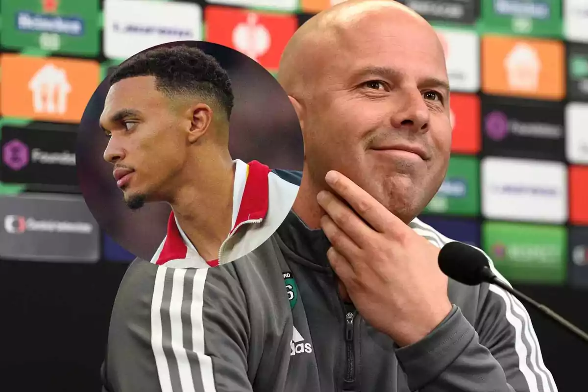 A bald man at a press conference with a superimposed image of a soccer player in the background.