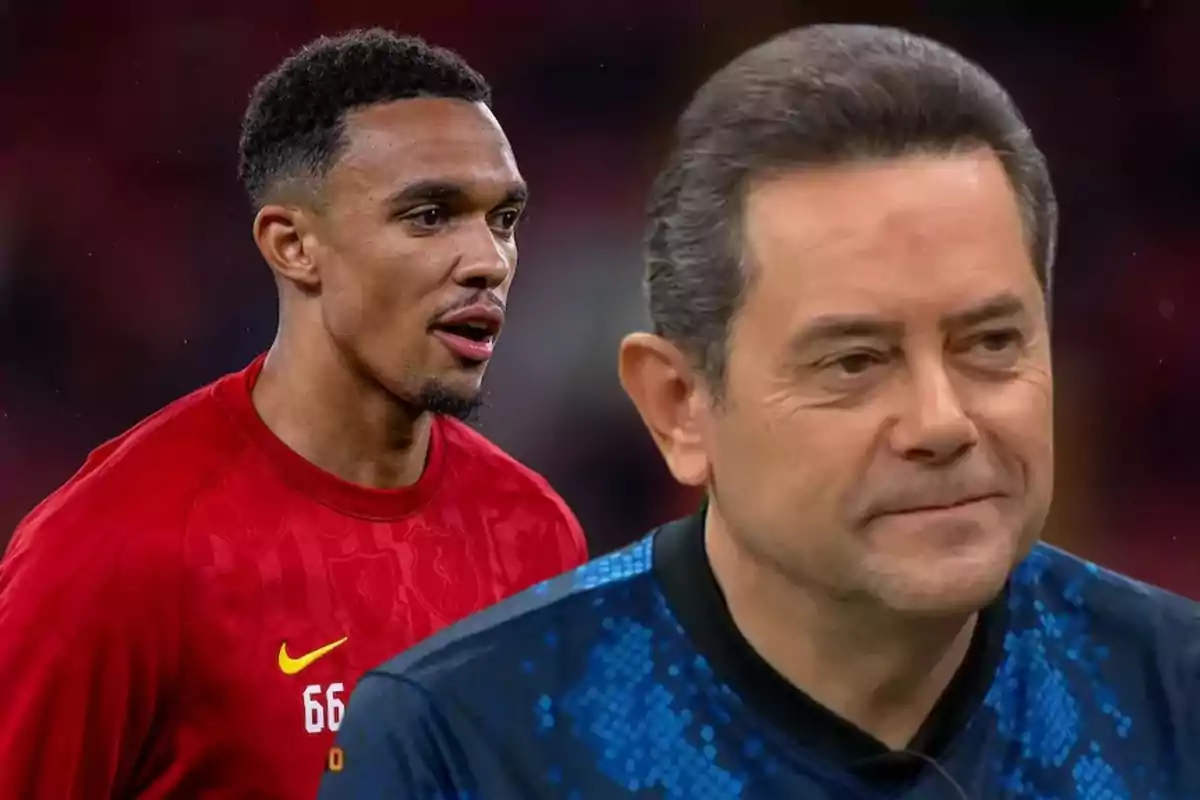 Dos hombres en primer plano, uno con camiseta roja y otro con camiseta azul, en un entorno deportivo.