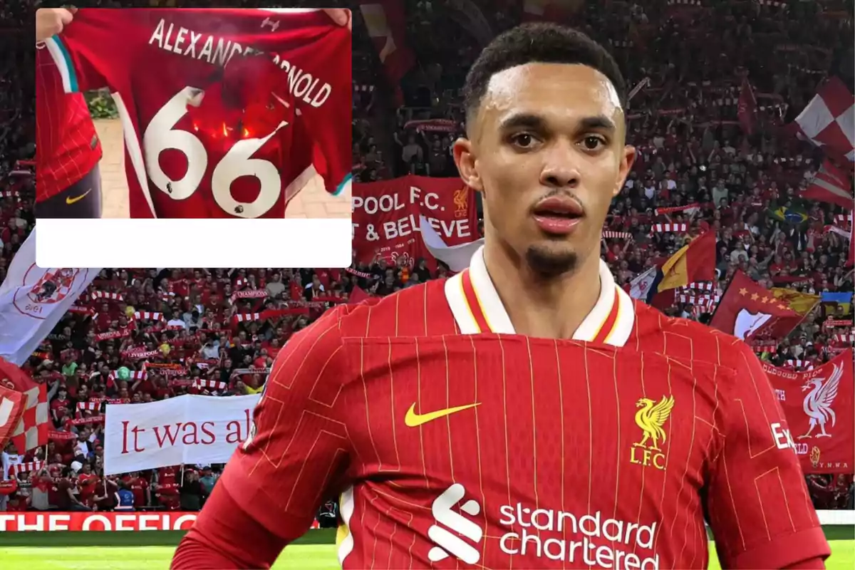 Un jugador de fútbol con la camiseta del Liverpool en un estadio lleno de aficionados, con una imagen superpuesta de una camiseta quemada con el número 66.