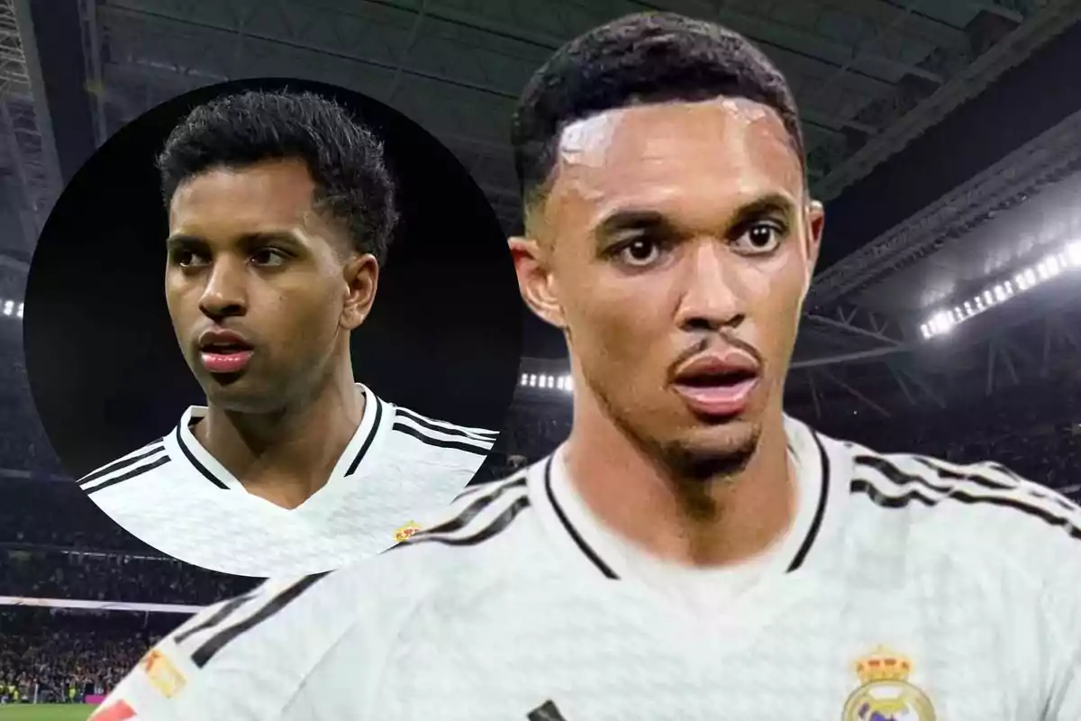 Dos futbolistas con uniforme blanco del Real Madrid en un estadio iluminado uno en primer plano y otro en un círculo al fondo