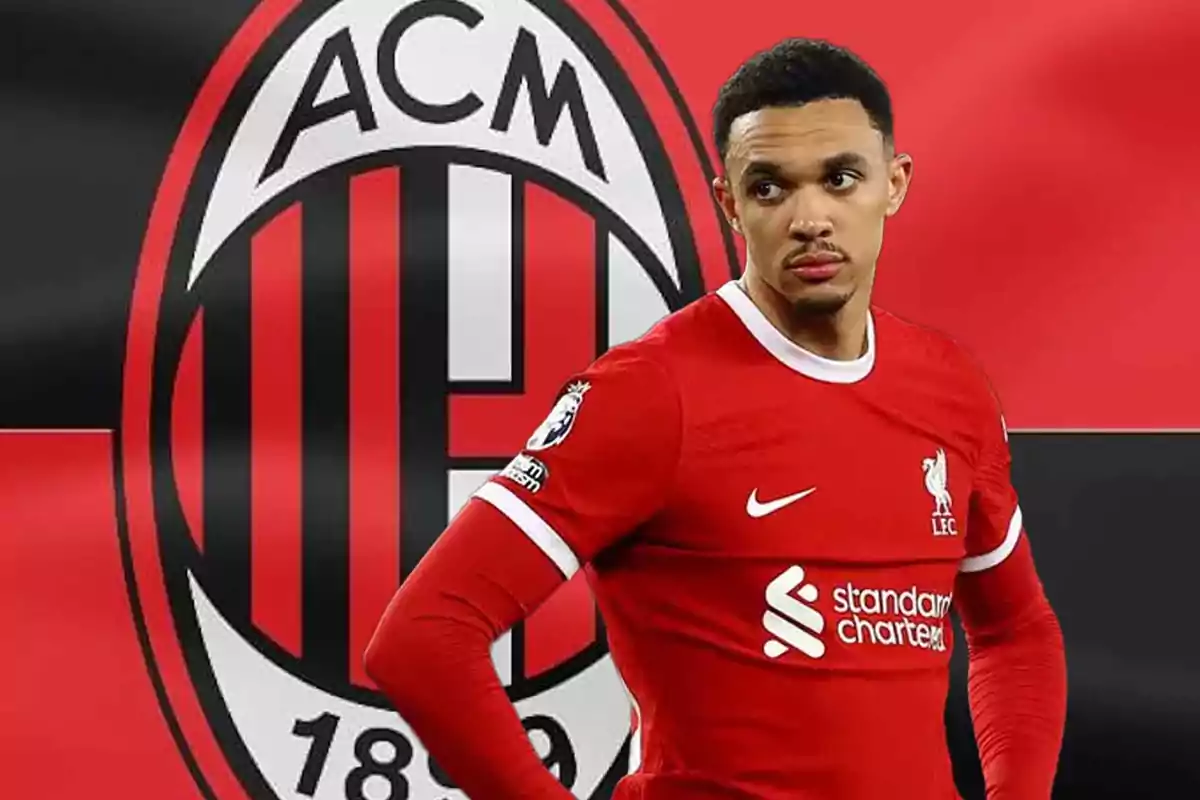 A player in a red uniform is in front of an AC Milan crest.