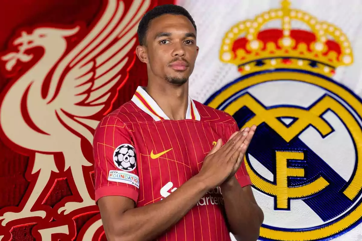 A player wearing a Liverpool jersey poses in front of the Liverpool and Real Madrid crests.