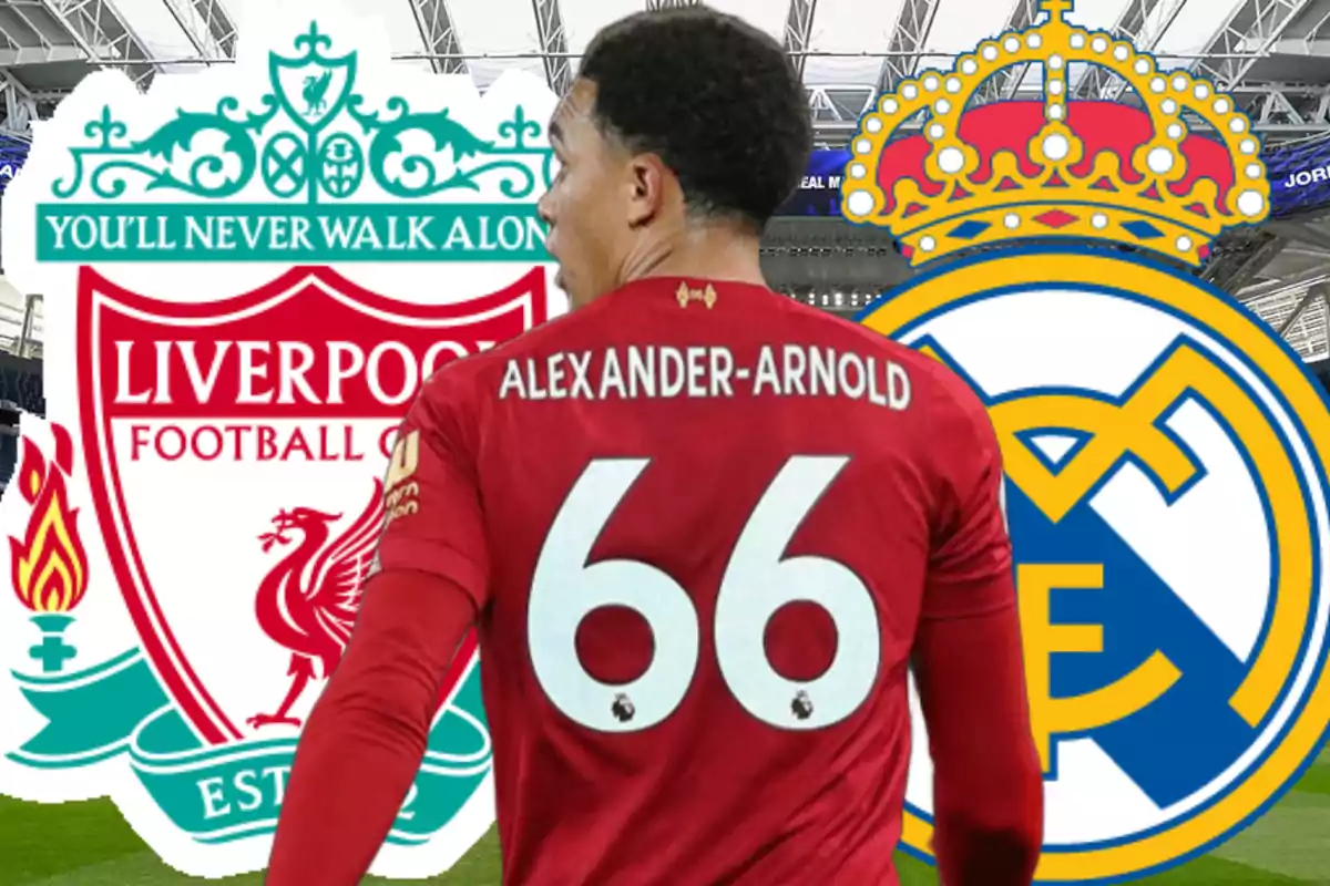 Jugador de fútbol con la camiseta del Liverpool frente a los escudos del Liverpool y Real Madrid.