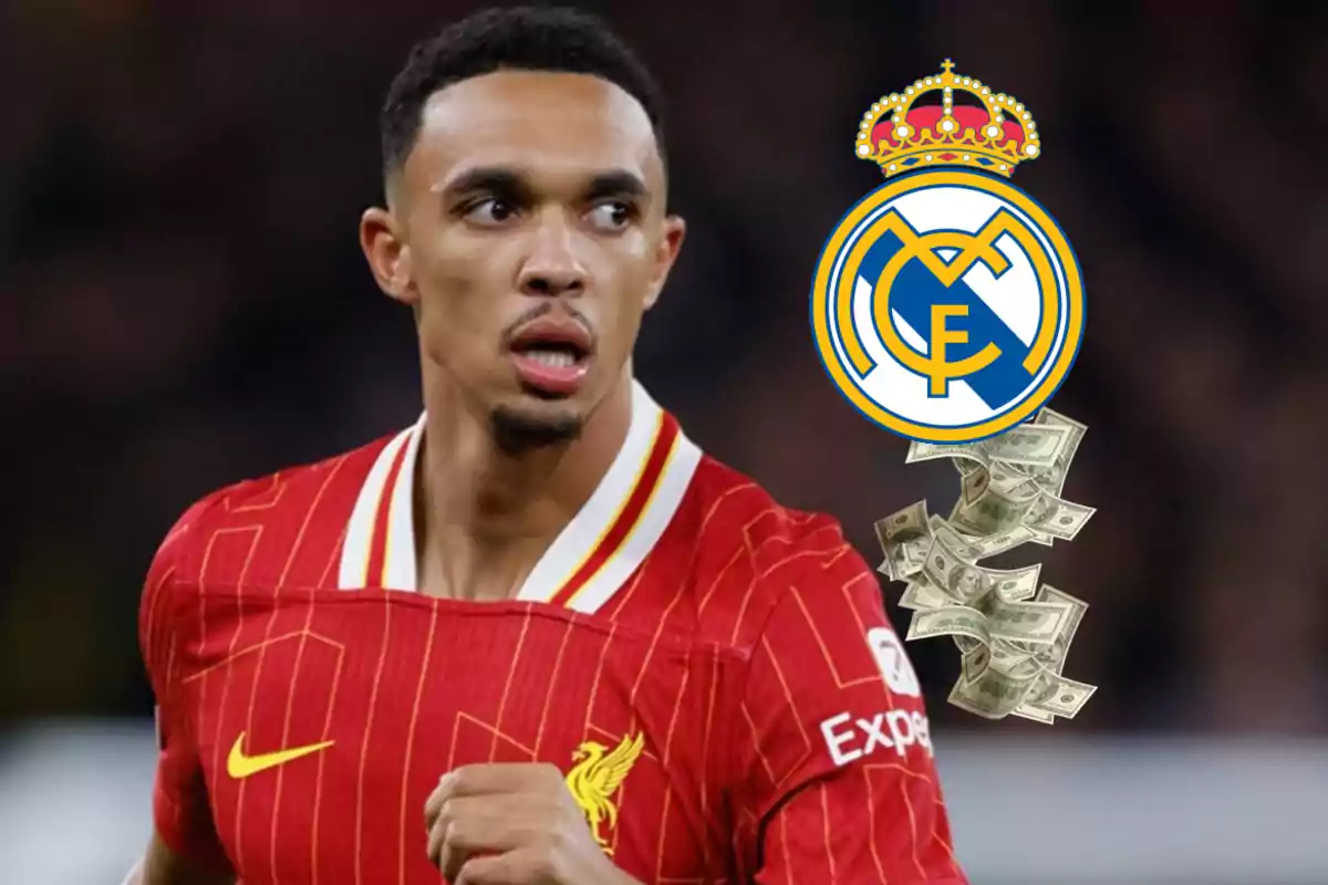 Soccer player in a red jersey next to the Real Madrid crest with floating bills.