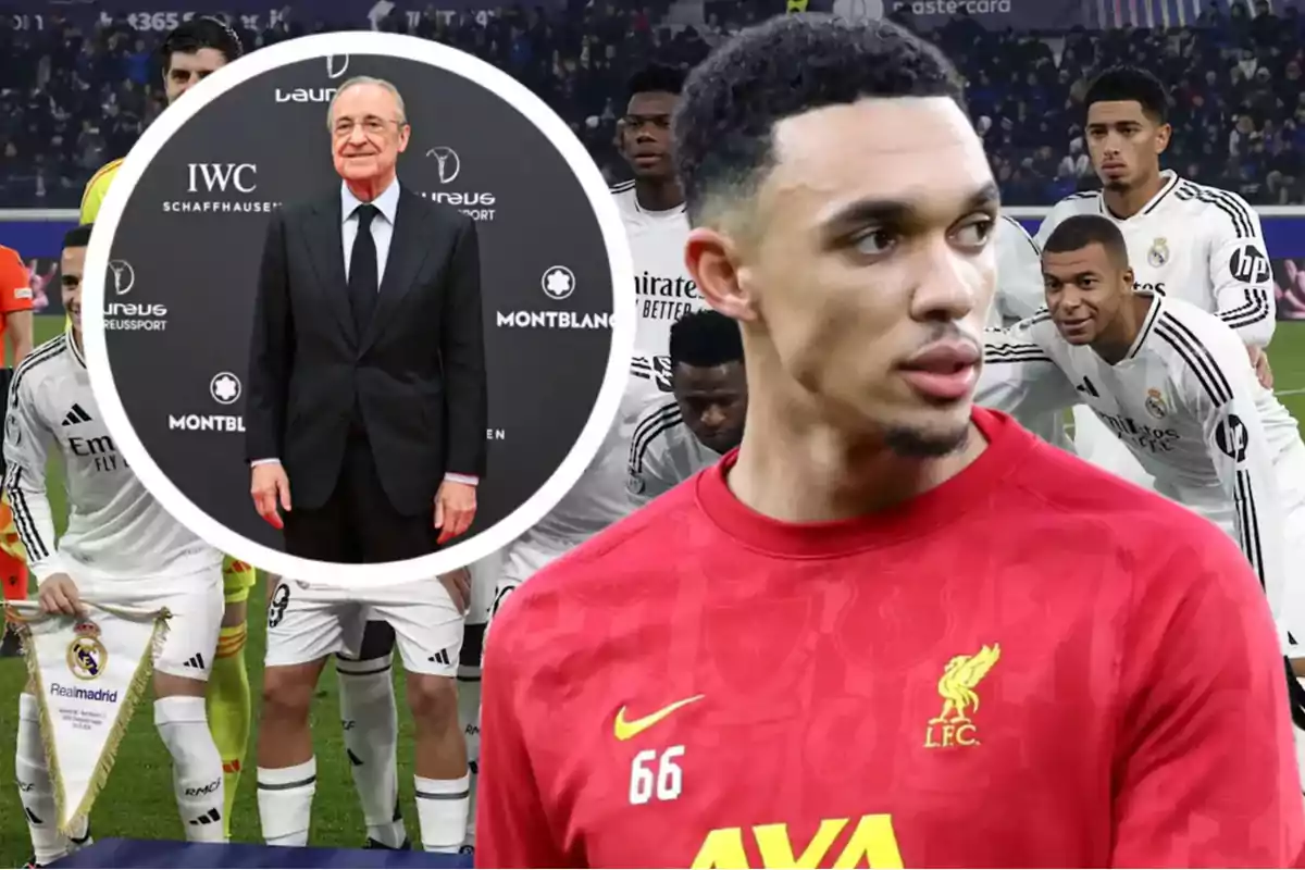 A Liverpool player in the foreground with Real Madrid players in the background and a man in a suit in an overlaid circle.