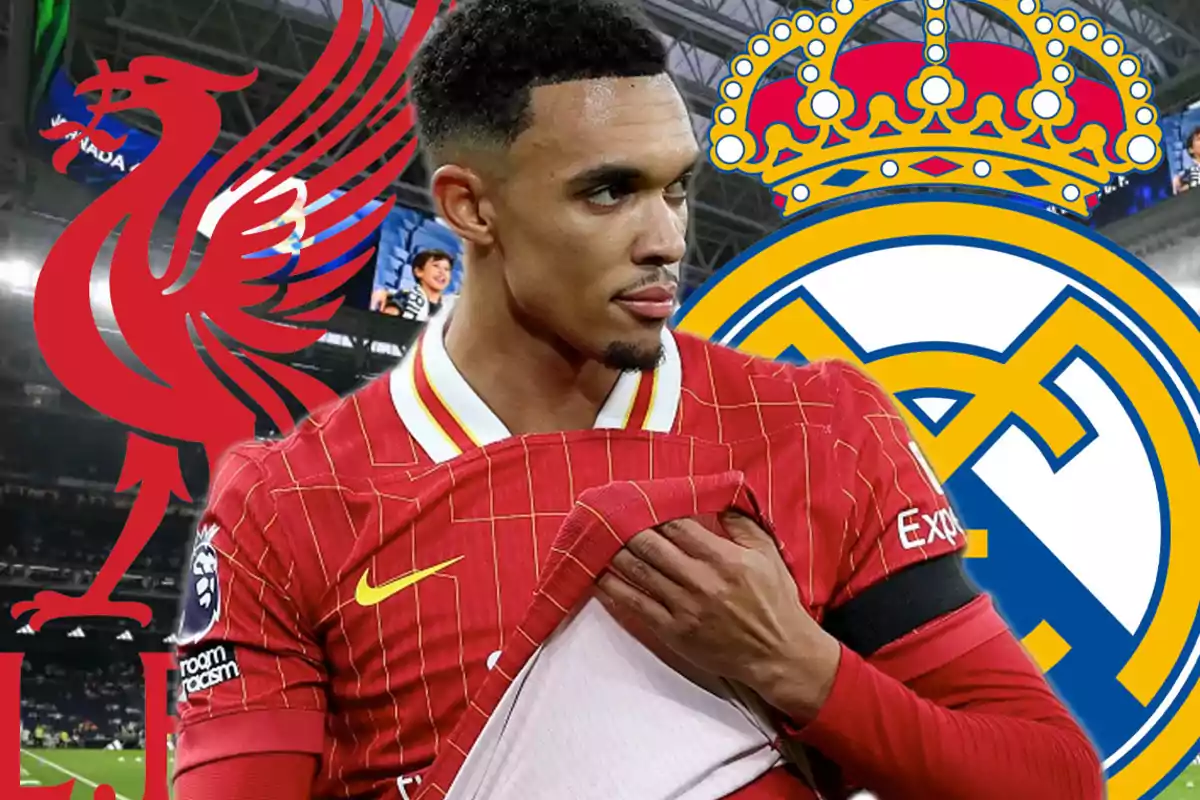 A soccer player wearing a Liverpool jersey in a stadium with the Liverpool and Real Madrid logos in the background.