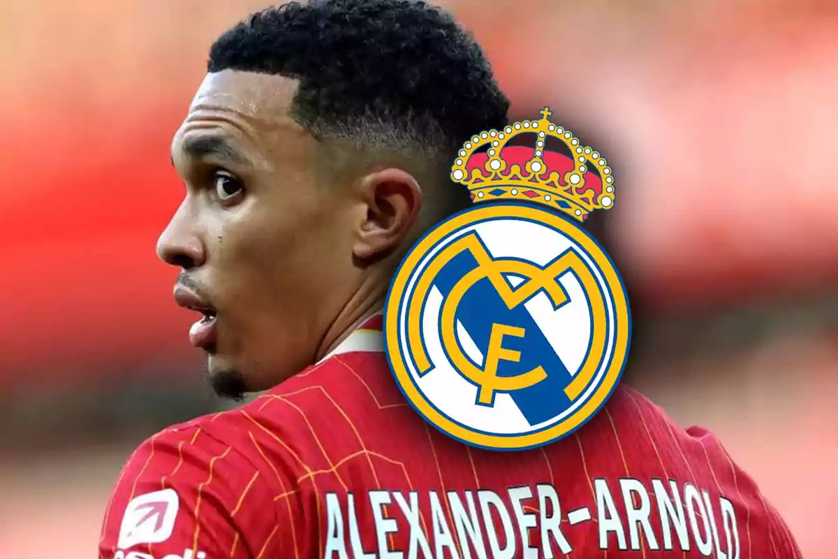 Football player with a red jersey and the Real Madrid crest superimposed.