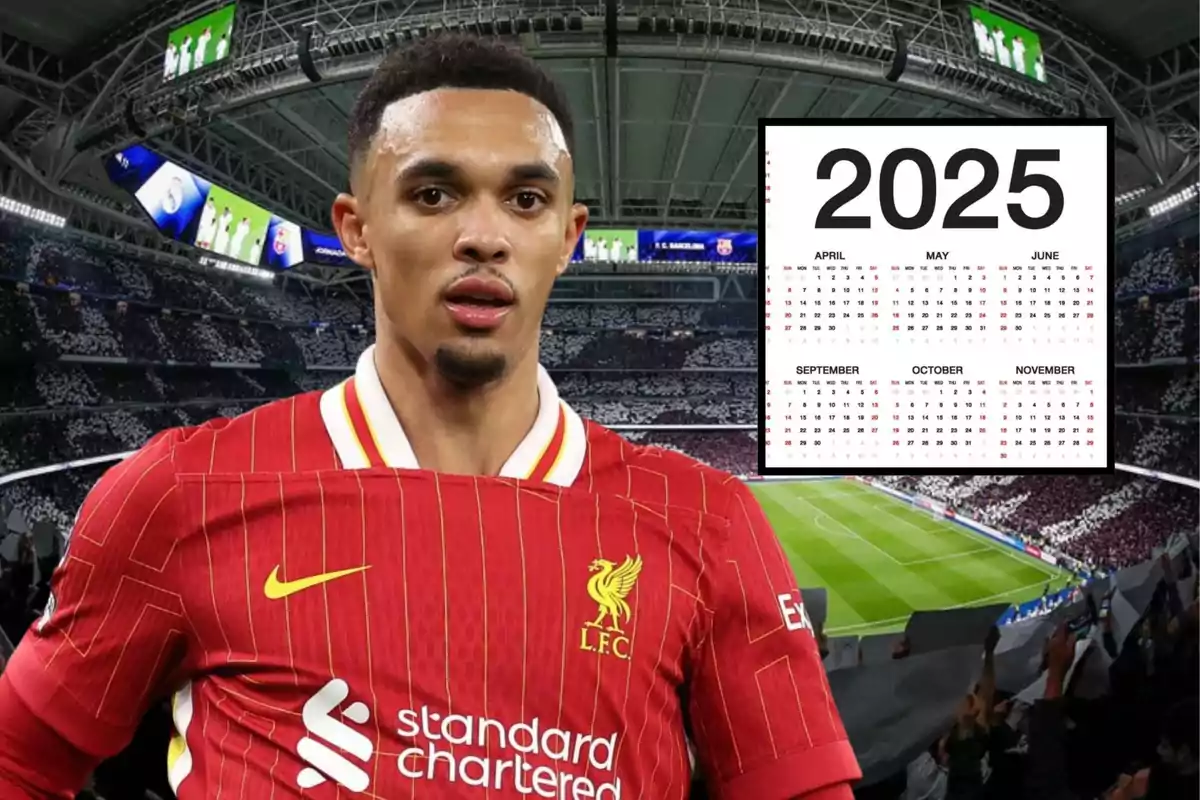 Jugador de fútbol con camiseta roja en un estadio con un calendario del año 2025 en el fondo.