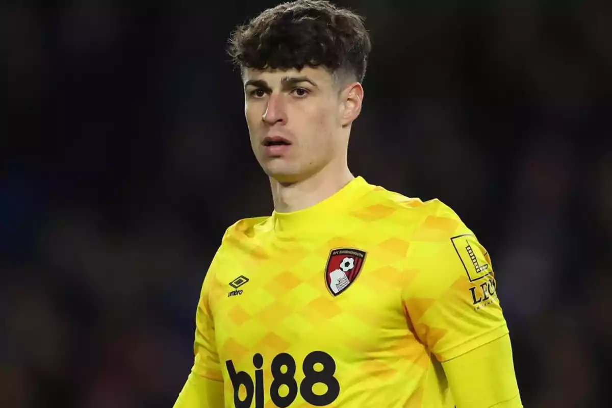 A player in a yellow AFC Bournemouth uniform on the field. A player in a yellow AFC Bournemouth uniform on the field.