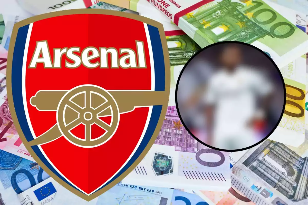 Escudo del Arsenal sobre billetes de euro con una figura borrosa al lado.