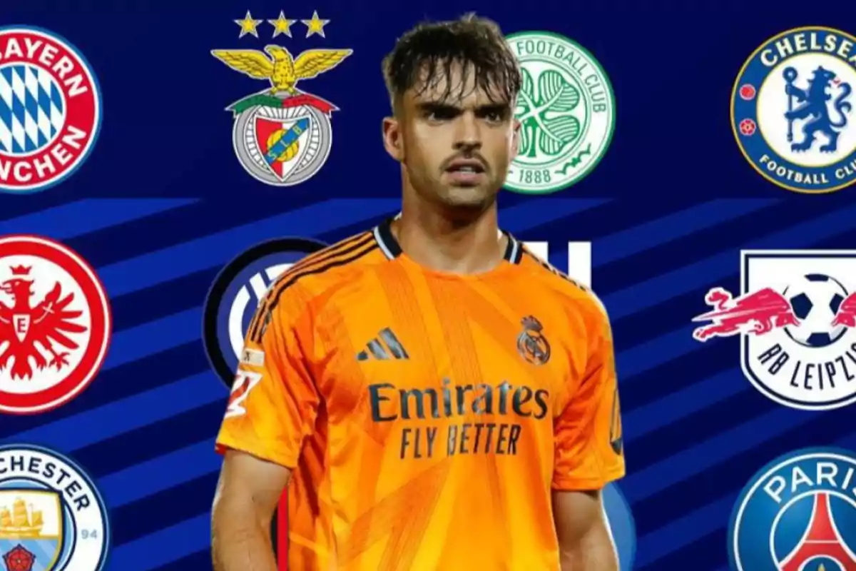 Football player in orange Real Madrid uniform surrounded by logos of various European clubs.