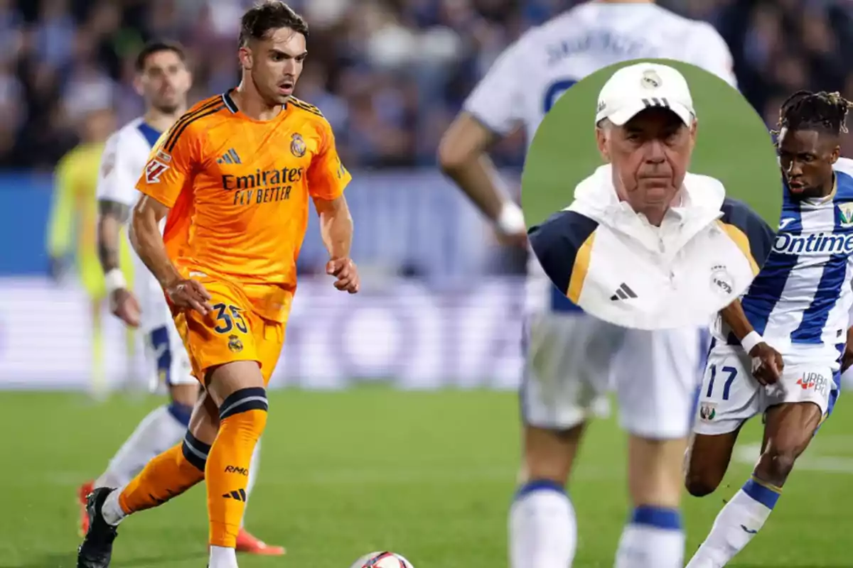 Jugador de fútbol del Real Madrid en uniforme naranja durante un partido, con un entrenador en un recuadro circular.