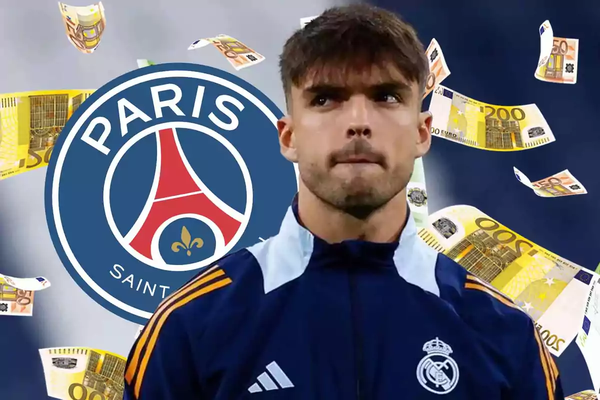 Un futbolista con chaqueta del Real Madrid aparece frente al logo del PSG mientras billetes de euro flotan a su alrededor