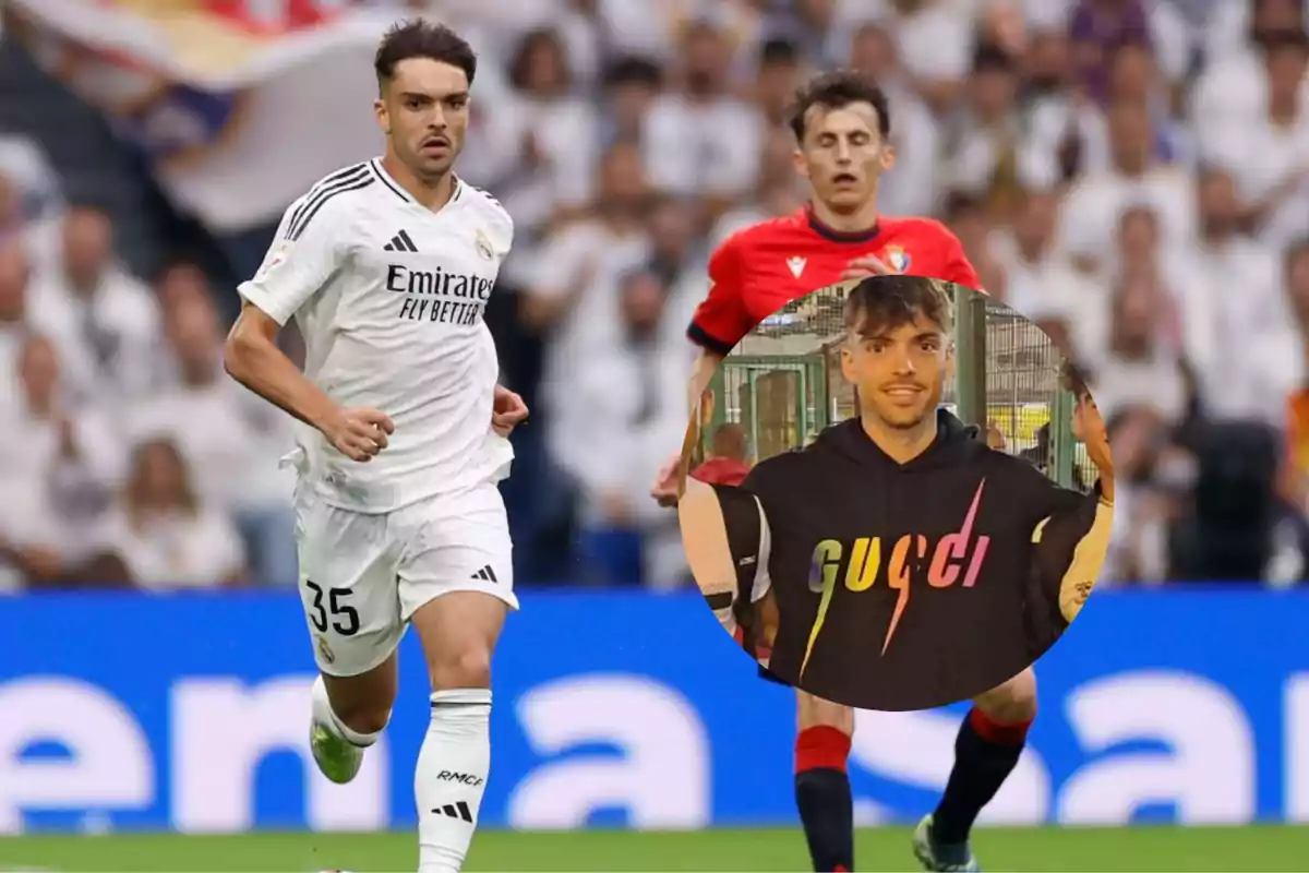 Un jugador de fútbol del Real Madrid corre en el campo durante un partido, mientras que en un recuadro se muestra a un hombre con una sudadera de Gucci.